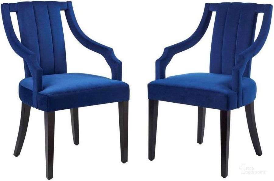 The appearance of Virtue Navy Performance Velvet Dining Chairs - Set Of 2 designed by Modway in the modern / contemporary interior design. This navy piece of furniture  was selected by 1StopBedrooms from Virtue Collection to add a touch of cosiness and style into your home. Sku: EEI-4554-NAV. Product Type: Dining Chair. Material: Rubberwood. Image1