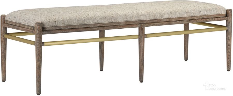 The appearance of Visby Light Pepper Bench designed by Currey & Company in the modern / contemporary interior design. This pepper piece of furniture  was selected by 1StopBedrooms from Visby Collection to add a touch of cosiness and style into your home. Sku: 7000-0302. Product Type: Bench. Material: Brass. Image1