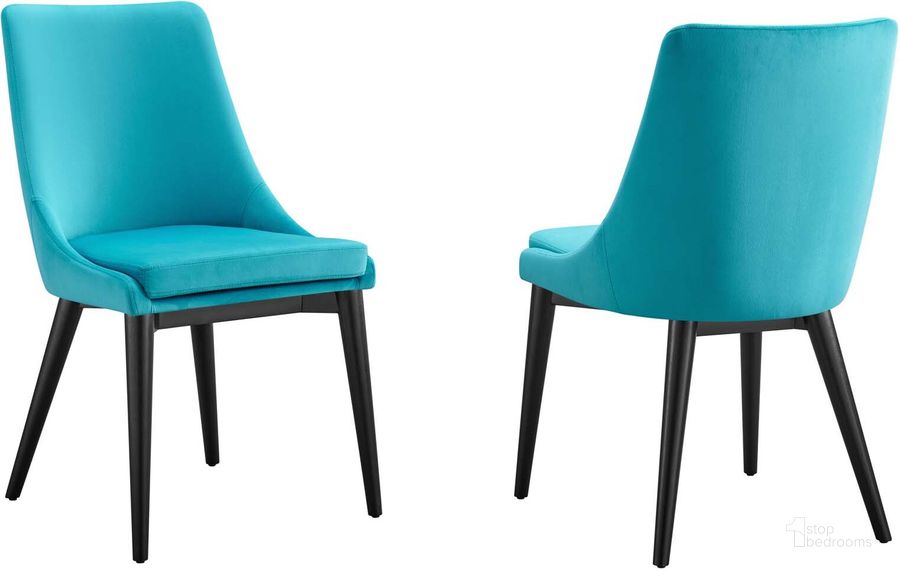 The appearance of Viscount Accent Performance Velvet Dining Chair - Set of 2 In Blue designed by Modway in the modern / contemporary interior design. This blue piece of furniture  was selected by 1StopBedrooms from Viscount Collection to add a touch of cosiness and style into your home. Sku: EEI-5816-BLU. Product Type: Dining Chair. Material: Plywood. Image1