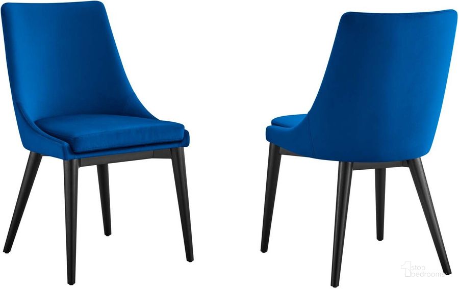 The appearance of Viscount Accent Performance Velvet Dining Chair - Set of 2 In Navy designed by Modway in the modern / contemporary interior design. This navy piece of furniture  was selected by 1StopBedrooms from Viscount Collection to add a touch of cosiness and style into your home. Sku: EEI-5816-NAV. Product Type: Dining Chair. Material: Plywood. Image1