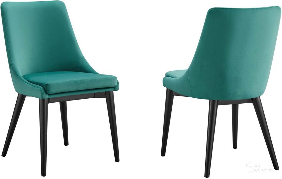 The appearance of Viscount Accent Performance Velvet Dining Chair - Set of 2 In Teal designed by Modway in the modern / contemporary interior design. This teal piece of furniture  was selected by 1StopBedrooms from Viscount Collection to add a touch of cosiness and style into your home. Sku: EEI-5816-TEA. Product Type: Dining Chair. Material: Plywood. Image1