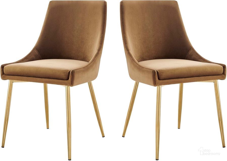 The appearance of Viscount Performance Velvet Dining Chairs - Set Of 2 EEI-3808-GLD-COG designed by Modway in the modern / contemporary interior design. This gold cognac piece of furniture  was selected by 1StopBedrooms from Viscount Collection to add a touch of cosiness and style into your home. Sku: EEI-3808-GLD-COG. Material: Polyester. Product Type: Dining Chair. Image1