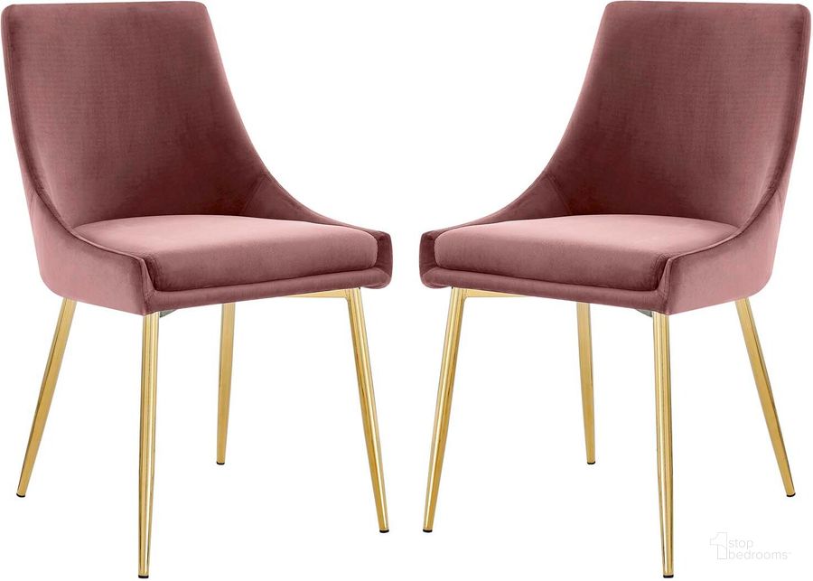 The appearance of Viscount Performance Velvet Dining Chairs - Set Of 2 EEI-3808-GLD-DUS designed by Modway in the modern / contemporary interior design. This gold dusty rose piece of furniture  was selected by 1StopBedrooms from Viscount Collection to add a touch of cosiness and style into your home. Sku: EEI-3808-GLD-DUS. Material: Polyester. Product Type: Dining Chair. Image1