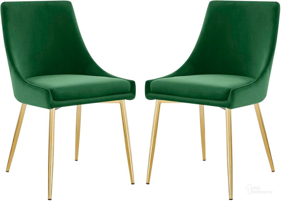 The appearance of Viscount Performance Velvet Dining Chairs - Set Of 2 EEI-3808-GLD-EME designed by Modway in the modern / contemporary interior design. This gold emerald piece of furniture  was selected by 1StopBedrooms from Viscount Collection to add a touch of cosiness and style into your home. Sku: EEI-3808-GLD-EME. Material: Polyester. Product Type: Dining Chair. Image1