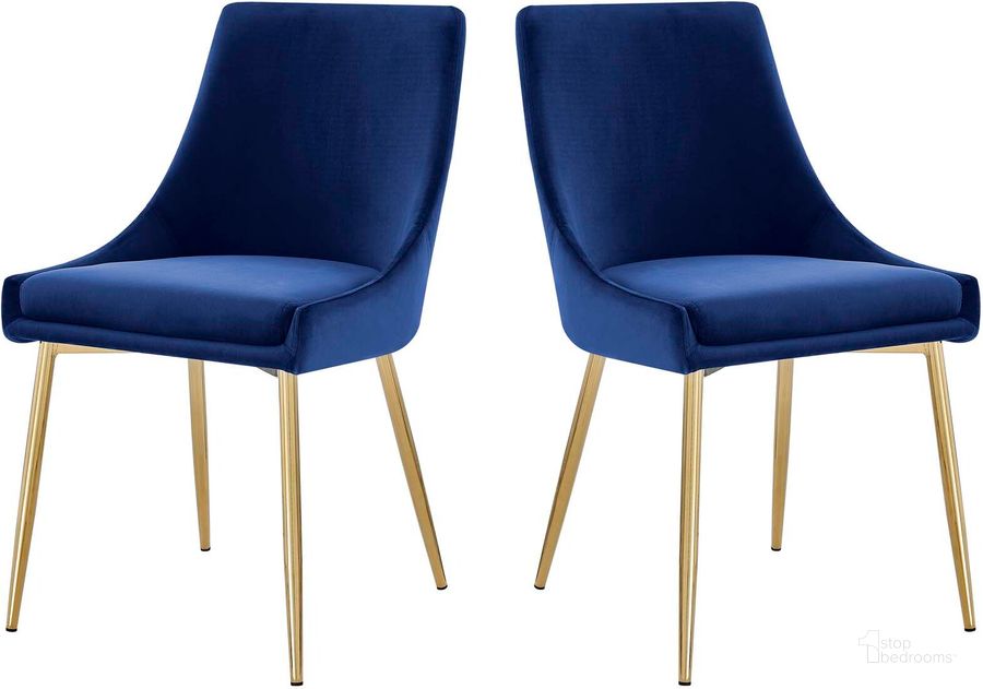 The appearance of Viscount Performance Velvet Dining Chairs - Set Of 2 EEI-3808-GLD-NAV designed by Modway in the modern / contemporary interior design. This gold navy piece of furniture  was selected by 1StopBedrooms from Viscount Collection to add a touch of cosiness and style into your home. Sku: EEI-3808-GLD-NAV. Material: Polyester. Product Type: Dining Chair. Image1