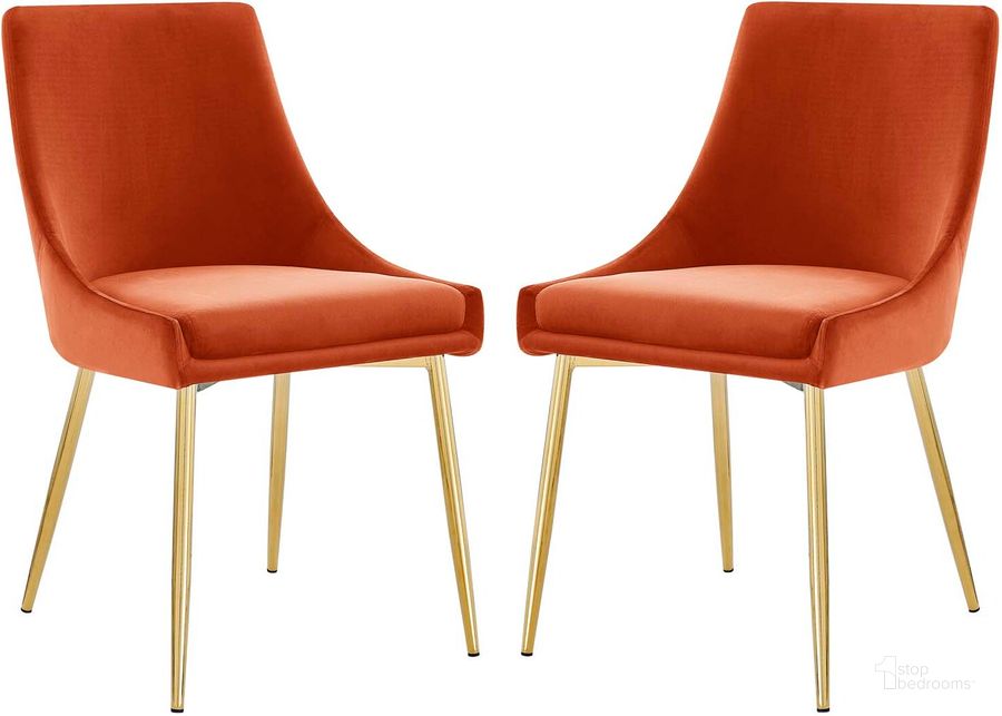The appearance of Viscount Performance Velvet Dining Chairs - Set Of 2 EEI-3808-GLD-ORA designed by Modway in the modern / contemporary interior design. This gold orange piece of furniture  was selected by 1StopBedrooms from Viscount Collection to add a touch of cosiness and style into your home. Sku: EEI-3808-GLD-ORA. Material: Polyester. Product Type: Dining Chair. Image1