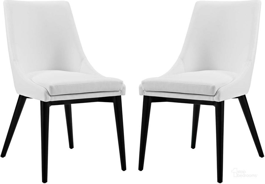 The appearance of Viscount White Dining Side Chair Vinyl Set of 2 designed by Modway in the modern / contemporary interior design. This white piece of furniture  was selected by 1StopBedrooms from Viscount Collection to add a touch of cosiness and style into your home. Sku: EEI-2744-WHI-SET. Material: Wood. Product Type: Side Chair. Image1