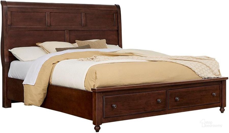 The appearance of Vista Queen Sleigh Storage Bed In Warm Cherry designed by Vaughan Bassett in the transitional interior design. This warm cherry piece of furniture  was selected by 1StopBedrooms from Vista Collection to add a touch of cosiness and style into your home. Sku: 770-553;770-050B;770-502;TT-555T. Bed Type: Storage Bed. Material: Wood. Product Type: Storage Bed. Bed Size: Queen. Image1