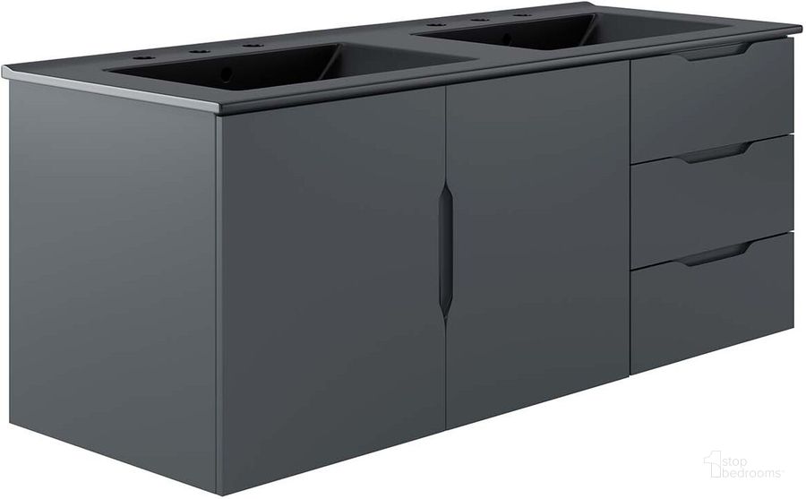 The appearance of Vitality 48 Inch  Double Sink Bathroom Vanity In Gray Black designed by Modway in the modern / contemporary interior design. This gray black piece of furniture  was selected by 1StopBedrooms from Vitality Collection to add a touch of cosiness and style into your home. Sku: EEI-5785-GRY-BLK. Material: MDF. Product Type: Bathroom Vanity. Image1