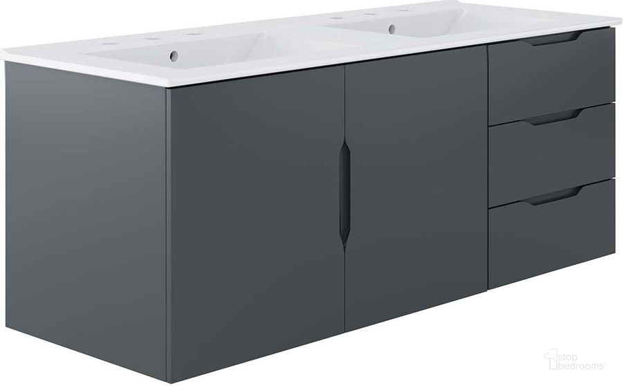 The appearance of Vitality 48 Inch  Double Sink Bathroom Vanity In Grey designed by Modway in the modern / contemporary interior design. This grey piece of furniture  was selected by 1StopBedrooms from Vitality Collection to add a touch of cosiness and style into your home. Sku: EEI-5785-GRY-WHI. Material: MDF. Product Type: Bathroom Vanity. Image1