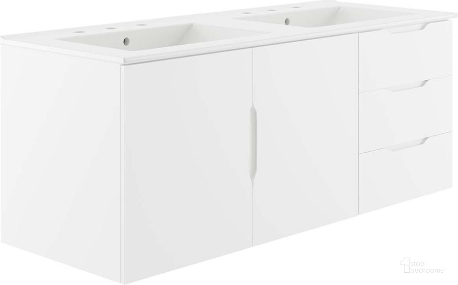 The appearance of Vitality 48 Inch  Double Sink Bathroom Vanity In White designed by Modway in the modern / contemporary interior design. This white piece of furniture  was selected by 1StopBedrooms from Vitality Collection to add a touch of cosiness and style into your home. Sku: EEI-5785-WHI-WHI. Material: MDF. Product Type: Bathroom Vanity. Image1