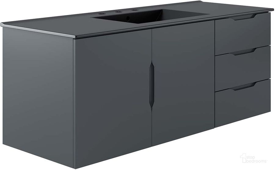 The appearance of Vitality 48 Inch  Single Sink Bathroom Vanity In Gray Black designed by Modway in the modern / contemporary interior design. This gray black piece of furniture  was selected by 1StopBedrooms from Vitality Collection to add a touch of cosiness and style into your home. Sku: EEI-5784-GRY-BLK. Material: MDF. Product Type: Bathroom Vanity. Image1