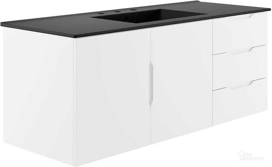 The appearance of Vitality 48 Inch  Single Sink Bathroom Vanity In White Black designed by Modway in the modern / contemporary interior design. This white black piece of furniture  was selected by 1StopBedrooms from Vitality Collection to add a touch of cosiness and style into your home. Sku: EEI-5784-WHI-BLK. Material: MDF. Product Type: Bathroom Vanity. Image1