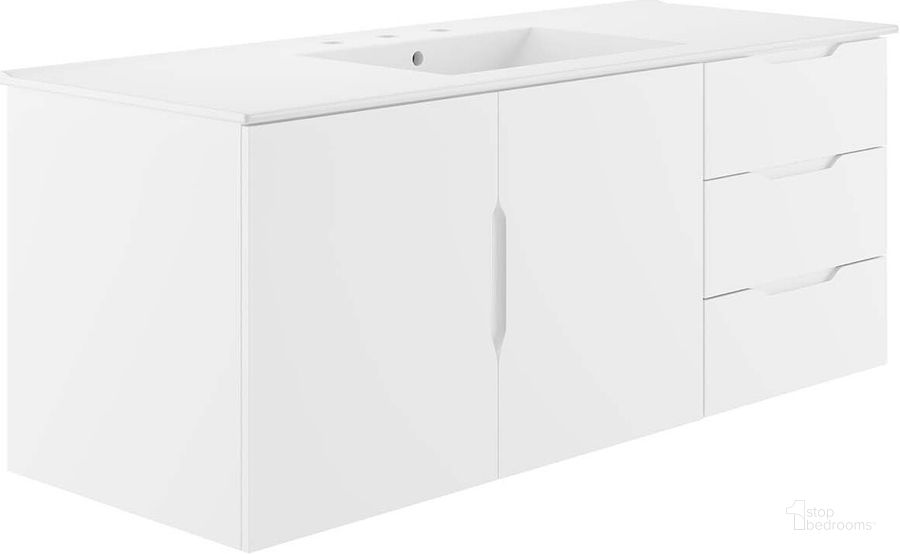 The appearance of Vitality 48 Inch  Single Sink Bathroom Vanity In White designed by Modway in the modern / contemporary interior design. This white piece of furniture  was selected by 1StopBedrooms from Vitality Collection to add a touch of cosiness and style into your home. Sku: EEI-5784-WHI-WHI. Material: MDF. Product Type: Bathroom Vanity. Image1