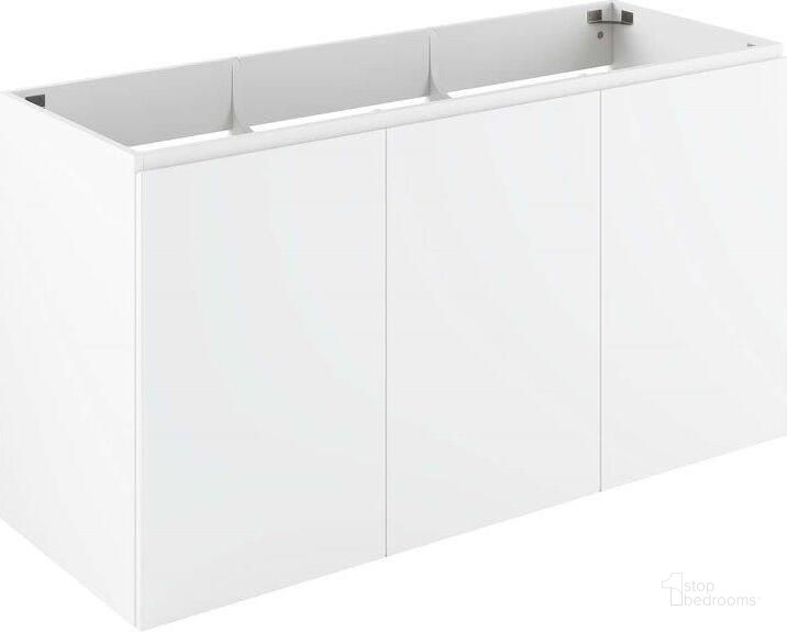 The appearance of Vitality White 48 Inch Wall-Mount Bathroom Vanity designed by Modway in the modern / contemporary interior design. This white piece of furniture  was selected by 1StopBedrooms from Vitality Collection to add a touch of cosiness and style into your home. Sku: EEI-5560-WHI. Material: MDF. Product Type: Bathroom Vanity. Image1