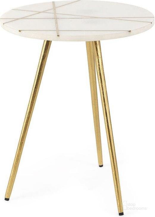 The appearance of Vivienne White Marble With Antique Gold Metal Round Small Side Table designed by Mercana in the modern / contemporary interior design. This white and gold piece of furniture  was selected by 1StopBedrooms from Vivienne Collection to add a touch of cosiness and style into your home. Sku: 69674. Material: Metal. Product Type: Side Table. Image1