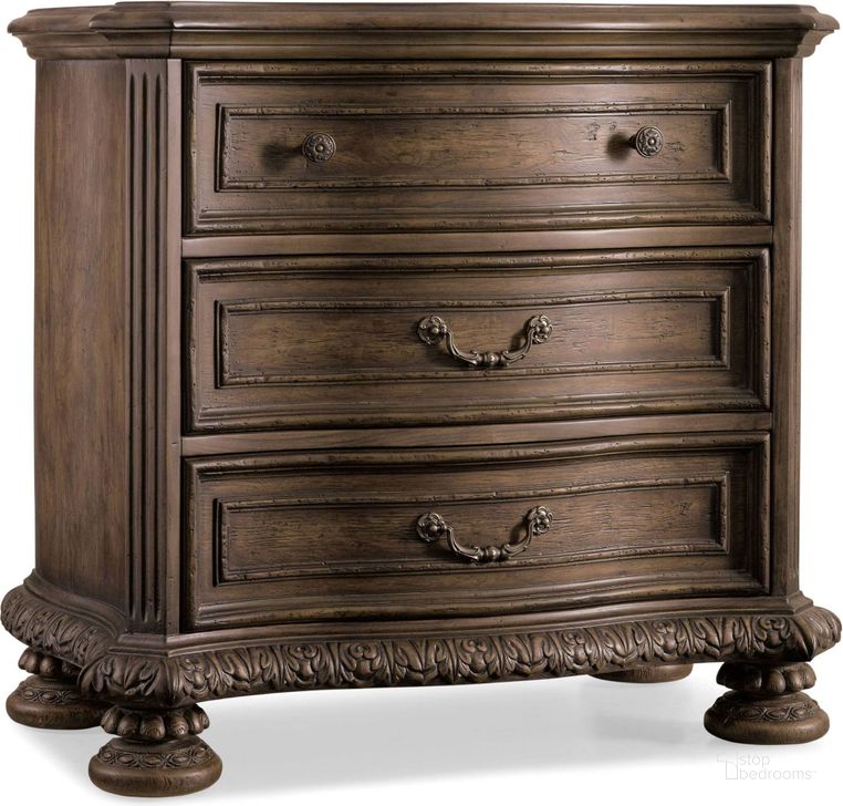 The appearance of Rhapsody Brown 3 Drawer Nightstand designed by Hooker in the traditional interior design. This brown piece of furniture  was selected by 1StopBedrooms from Rhapsody Collection to add a touch of cosiness and style into your home. Sku: 5070-90016. Material: Wood. Product Type: Nightstand. Image1