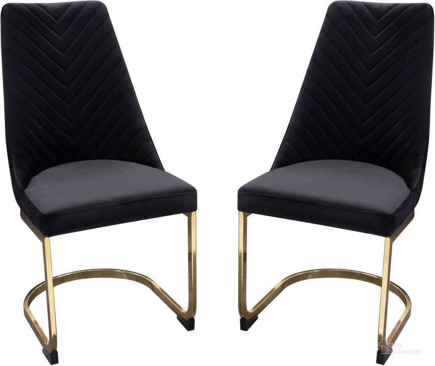 The appearance of Vogue Set of 2 Dining Chairs in Black Velvet with Polished Gold Metal Base designed by Diamond Sofa in the modern / contemporary interior design. This black piece of furniture  was selected by 1StopBedrooms from Vogue Collection to add a touch of cosiness and style into your home. Sku: VOGUE2DCBL2PK. Product Type: Dining Chair. Material: Velvet. Image1