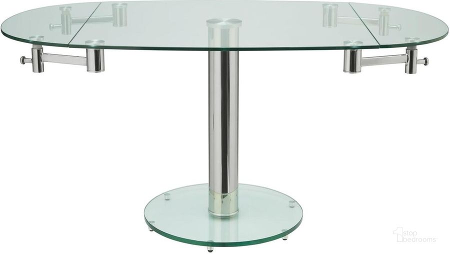The appearance of Voltsburg Chrome Dining Table designed by Atelier Home in the modern / contemporary interior design. This chrome piece of furniture  was selected by 1StopBedrooms from Voltsburg Collection to add a touch of cosiness and style into your home. Sku: CB-T030. Table Base Style: Pedestal. Table Top Shape: Oval. Product Type: Dining Table. Material: Stainless Steel. Size: 63". Image1