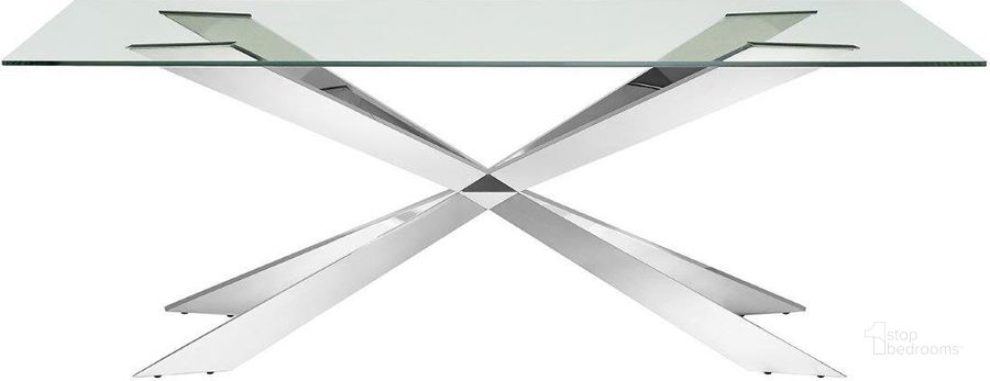 The appearance of Vortex Dining Table In Clear Glass With Polished Stainless Steel Base. designed by Casabianca Home in the modern / contemporary interior design. This clear piece of furniture  was selected by 1StopBedrooms from Vortex Collection to add a touch of cosiness and style into your home. Sku: CB-2070. Table Base Style: Trestle. Product Type: Dining Table. Table Top Shape: Rectangular. Material: Stainless Steel. Size: 83". Image1
