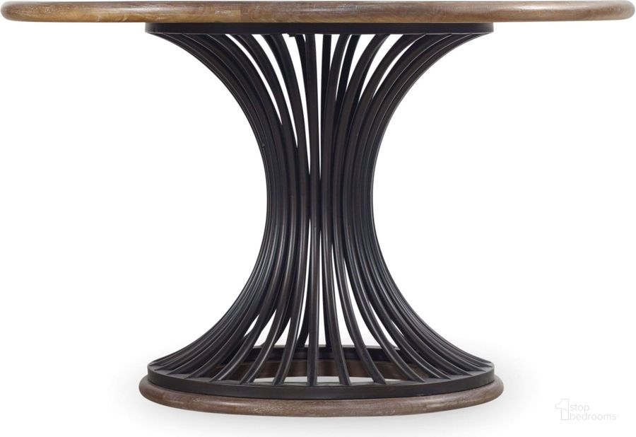 The appearance of Studio 7H Brown Cinch Round Pedestal Dining Table designed by Hooker in the transitional interior design. This brown piece of furniture  was selected by 1StopBedrooms from Studio 7H Collection to add a touch of cosiness and style into your home. Sku: 5382-75001;5382-75002. Table Top Shape: Round. Material: Wood. Product Type: Pedestal Table. Image1