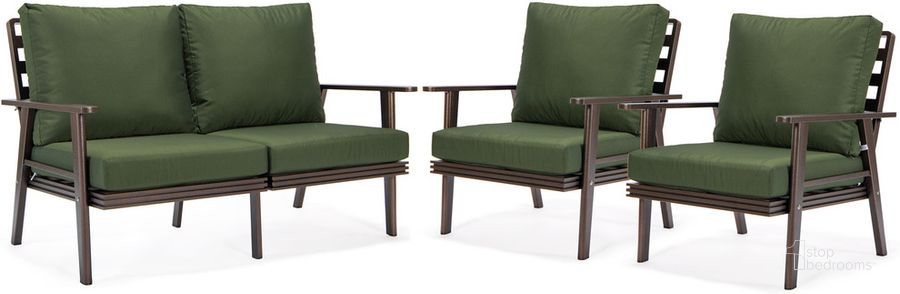 The appearance of Walbrooke 3 Piece Outdoor Patio Set In Green designed by LeisureMod in the modern / contemporary interior design. This green piece of furniture  was selected by 1StopBedrooms from Walbrooke Collection to add a touch of cosiness and style into your home. Sku: WBR-57-31G. Material: Aluminum. Product Type: Outdoor Conversation Set. Image1