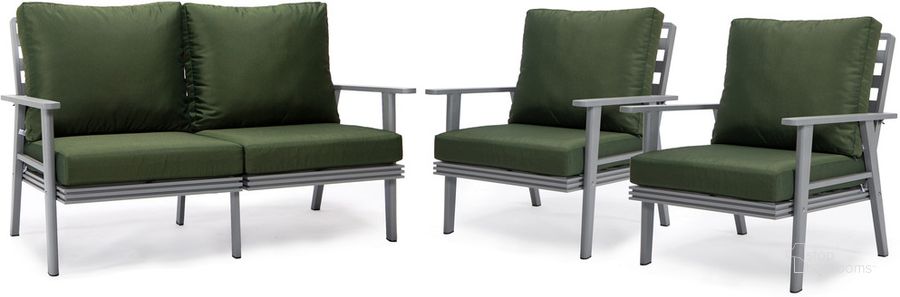 The appearance of Walbrooke 3 Piece Outdoor Patio Set In Green designed by LeisureMod in the modern / contemporary interior design. This green piece of furniture  was selected by 1StopBedrooms from Walbrooke Collection to add a touch of cosiness and style into your home. Sku: WGR-57-31G. Material: Aluminum. Product Type: Outdoor Conversation Set. Image1