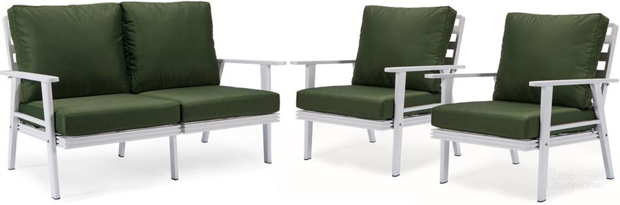 The appearance of Walbrooke 3 Piece Outdoor Patio Set In Green designed by LeisureMod in the modern / contemporary interior design. This green piece of furniture  was selected by 1StopBedrooms from Walbrooke Collection to add a touch of cosiness and style into your home. Sku: WW-57-31G. Material: Aluminum. Product Type: Outdoor Conversation Set. Image1