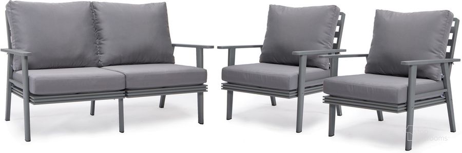 The appearance of Walbrooke 3 Piece Outdoor Patio Set In Grey designed by LeisureMod in the modern / contemporary interior design. This grey piece of furniture  was selected by 1StopBedrooms from Walbrooke Collection to add a touch of cosiness and style into your home. Sku: WGR-57-31GR. Material: Aluminum. Product Type: Outdoor Conversation Set. Image1
