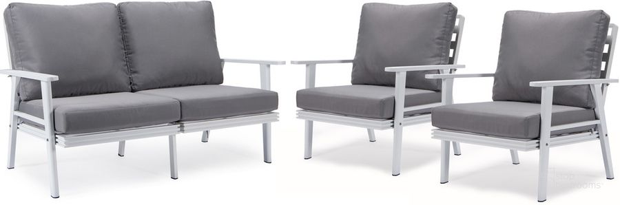 The appearance of Walbrooke 3 Piece Outdoor Patio Set In Grey designed by LeisureMod in the modern / contemporary interior design. This grey piece of furniture  was selected by 1StopBedrooms from Walbrooke Collection to add a touch of cosiness and style into your home. Sku: WW-57-31GR. Material: Aluminum. Product Type: Outdoor Conversation Set. Image1