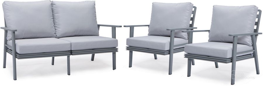 The appearance of Walbrooke 3 Piece Outdoor Patio Set In Light Grey designed by LeisureMod in the modern / contemporary interior design. This light grey piece of furniture  was selected by 1StopBedrooms from Walbrooke Collection to add a touch of cosiness and style into your home. Sku: WGR-57-31LGR. Material: Aluminum. Product Type: Outdoor Conversation Set. Image1