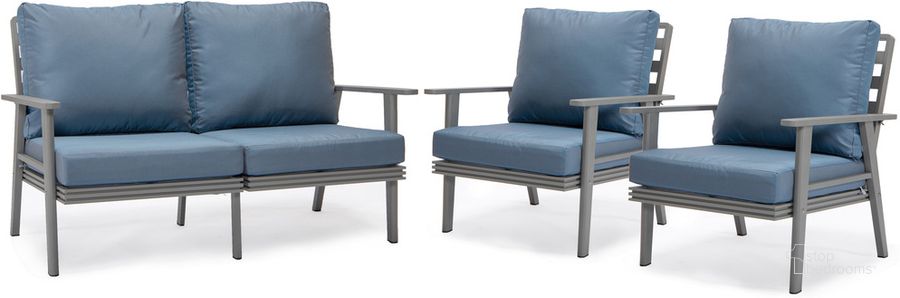 The appearance of Walbrooke 3 Piece Outdoor Patio Set In Navy Blue designed by LeisureMod in the modern / contemporary interior design. This navy blue piece of furniture  was selected by 1StopBedrooms from Walbrooke Collection to add a touch of cosiness and style into your home. Sku: WGR-57-31NBU. Material: Aluminum. Product Type: Outdoor Conversation Set. Image1