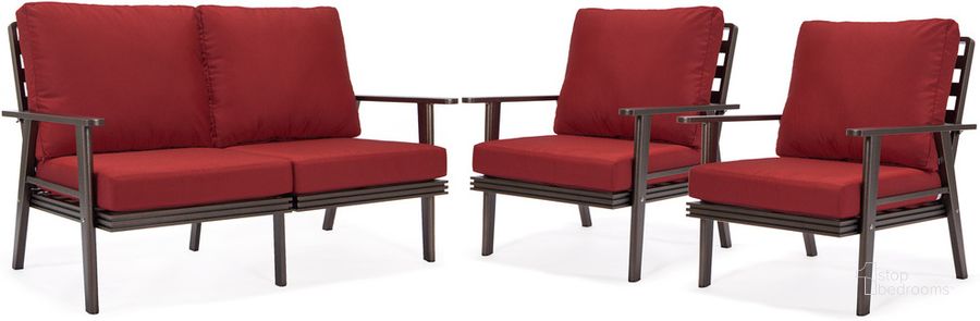 The appearance of Walbrooke 3 Piece Outdoor Patio Set In Red designed by LeisureMod in the modern / contemporary interior design. This red piece of furniture  was selected by 1StopBedrooms from Walbrooke Collection to add a touch of cosiness and style into your home. Sku: WBR-57-31R. Material: Aluminum. Product Type: Outdoor Conversation Set. Image1