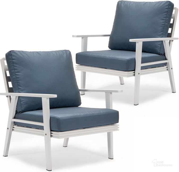 The appearance of Walbrooke Outdoor Patio Arm Chairs With Cushions Set of 2 In Navy Blue designed by LeisureMod in the modern / contemporary interior design. This navy blue piece of furniture  was selected by 1StopBedrooms from Walbrooke Collection to add a touch of cosiness and style into your home. Sku: WW-31-27NBU2. Material: Aluminum. Product Type: Outdoor Chair. Image1