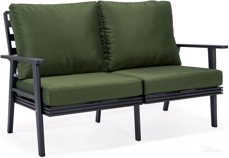 The appearance of Walbrooke Outdoor Patio Loveseat In Green designed by LeisureMod in the modern / contemporary interior design. This green piece of furniture  was selected by 1StopBedrooms from Walbrooke Collection to add a touch of cosiness and style into your home. Sku: WBL-57-27G. Material: Aluminum. Product Type: Outdoor Loveseat. Image1