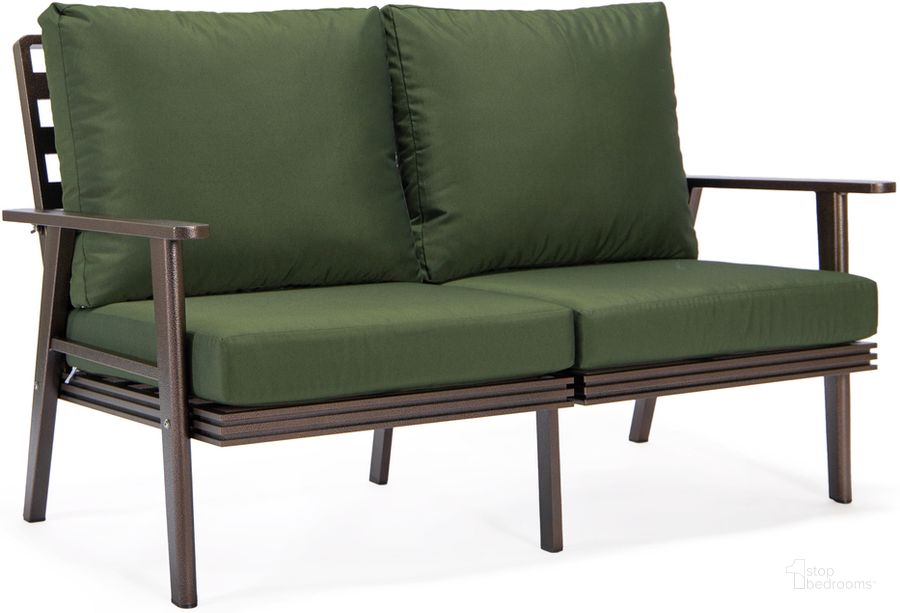 The appearance of Walbrooke Outdoor Patio Loveseat In Green designed by LeisureMod in the modern / contemporary interior design. This green piece of furniture  was selected by 1StopBedrooms from Walbrooke Collection to add a touch of cosiness and style into your home. Sku: WBR-57-27G. Material: Aluminum. Product Type: Outdoor Loveseat. Image1