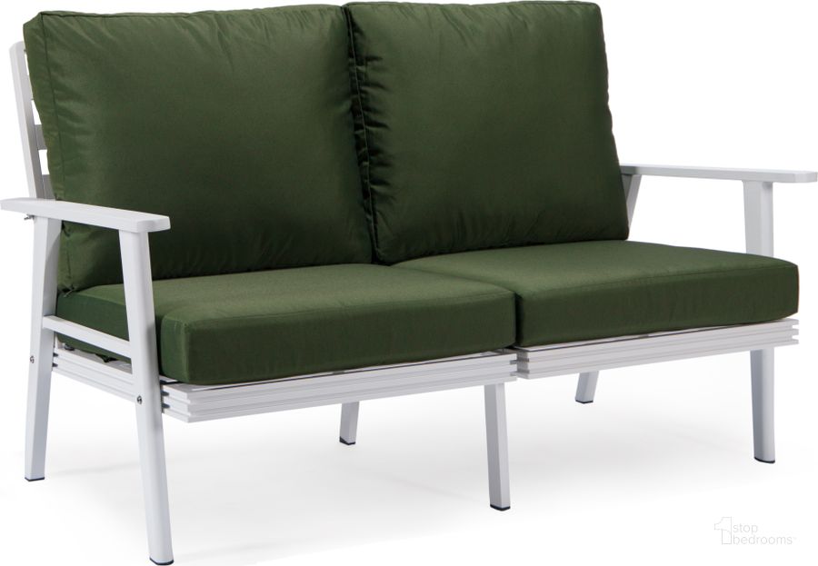 The appearance of Walbrooke Outdoor Patio Loveseat In Green designed by LeisureMod in the modern / contemporary interior design. This green piece of furniture  was selected by 1StopBedrooms from Walbrooke Collection to add a touch of cosiness and style into your home. Sku: WW-57-27G. Material: Aluminum. Product Type: Outdoor Loveseat. Image1