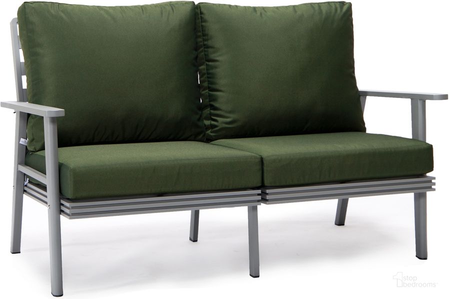 The appearance of Walbrooke Outdoor Patio Loveseat In Green designed by LeisureMod in the modern / contemporary interior design. This green piece of furniture  was selected by 1StopBedrooms from Walbrooke Collection to add a touch of cosiness and style into your home. Sku: WGR-57-27G. Material: Aluminum. Product Type: Outdoor Loveseat. Image1
