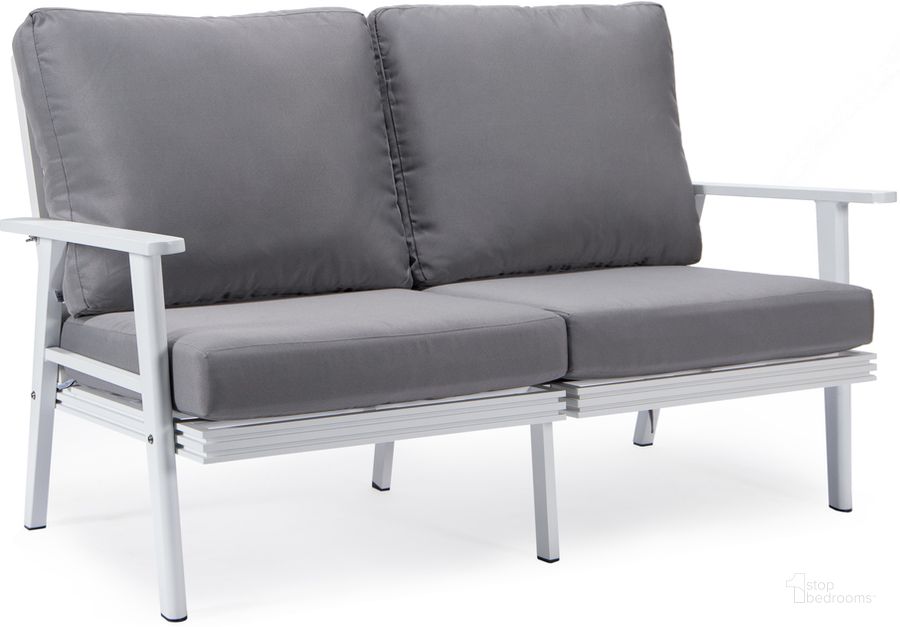 The appearance of Walbrooke Outdoor Patio Loveseat In Grey designed by LeisureMod in the modern / contemporary interior design. This grey piece of furniture  was selected by 1StopBedrooms from Walbrooke Collection to add a touch of cosiness and style into your home. Sku: WW-57-27GR. Material: Aluminum. Product Type: Outdoor Loveseat. Image1