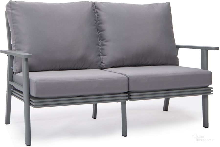 The appearance of Walbrooke Outdoor Patio Loveseat In Grey designed by LeisureMod in the modern / contemporary interior design. This grey piece of furniture  was selected by 1StopBedrooms from Walbrooke Collection to add a touch of cosiness and style into your home. Sku: WGR-57-27GR. Material: Aluminum. Product Type: Outdoor Loveseat. Image1