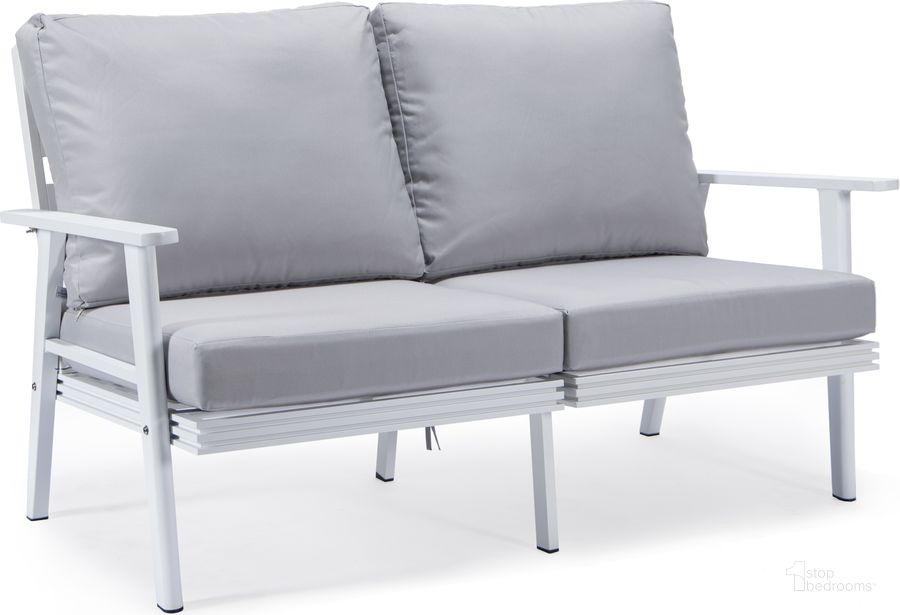 The appearance of Walbrooke Outdoor Patio Loveseat In Light Grey designed by LeisureMod in the modern / contemporary interior design. This light grey piece of furniture  was selected by 1StopBedrooms from Walbrooke Collection to add a touch of cosiness and style into your home. Sku: WW-57-27LGR. Material: Aluminum. Product Type: Outdoor Loveseat. Image1