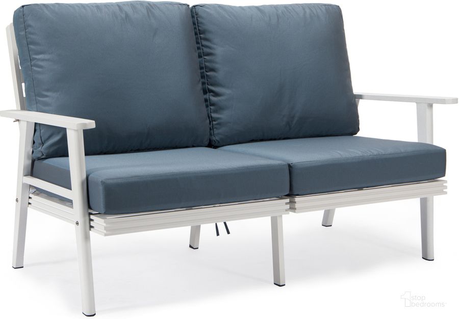 The appearance of Walbrooke Outdoor Patio Loveseat In Navy Blue designed by LeisureMod in the modern / contemporary interior design. This navy blue piece of furniture  was selected by 1StopBedrooms from Walbrooke Collection to add a touch of cosiness and style into your home. Sku: WW-57-27NBU. Material: Aluminum. Product Type: Outdoor Loveseat. Image1