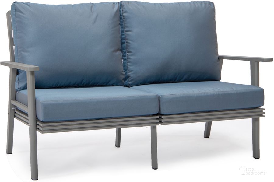 The appearance of Walbrooke Outdoor Patio Loveseat In Navy Blue designed by LeisureMod in the modern / contemporary interior design. This navy blue piece of furniture  was selected by 1StopBedrooms from Walbrooke Collection to add a touch of cosiness and style into your home. Sku: WGR-57-27NBU. Material: Aluminum. Product Type: Outdoor Loveseat. Image1