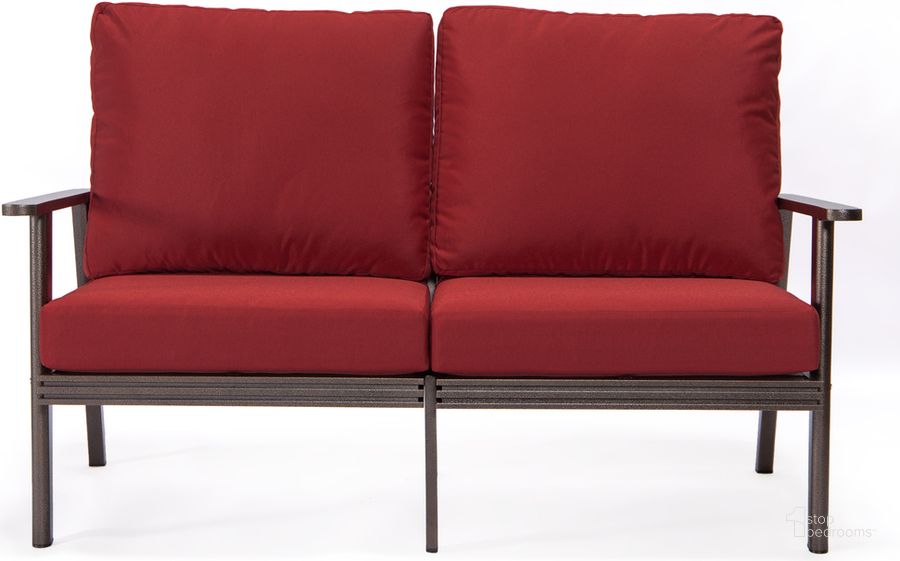 The appearance of Walbrooke Outdoor Patio Loveseat In Red designed by LeisureMod in the modern / contemporary interior design. This red piece of furniture  was selected by 1StopBedrooms from Walbrooke Collection to add a touch of cosiness and style into your home. Sku: WBR-57-27R. Material: Aluminum. Product Type: Outdoor Loveseat. Image1