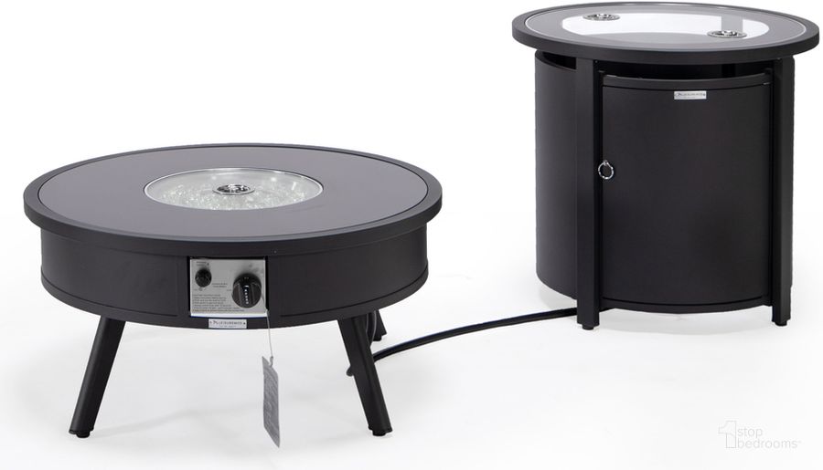 The appearance of Walbrooke Patio Round Fire Pit and Tank Holder In Black designed by LeisureMod in the modern / contemporary interior design. This black piece of furniture  was selected by 1StopBedrooms from Walbrooke Collection to add a touch of cosiness and style into your home. Sku: WBL-29-24-GL. Material: Aluminum. Product Type: Outdoor Accessory. Image1