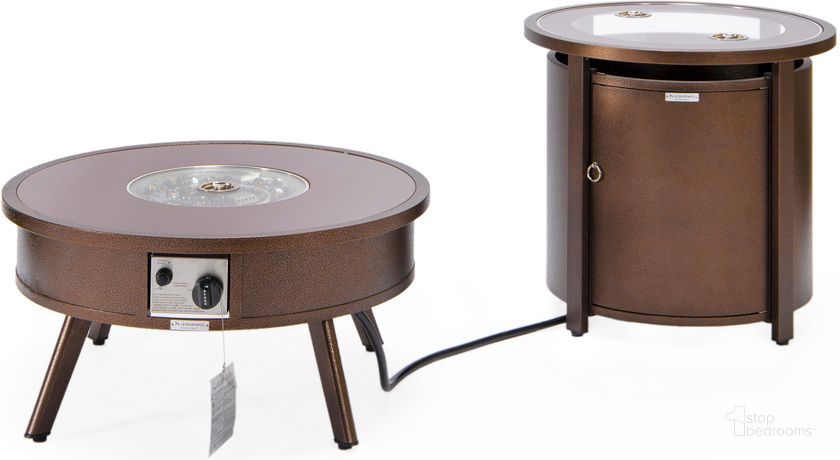 The appearance of Walbrooke Patio Round Fire Pit and Tank Holder In Brown designed by LeisureMod in the modern / contemporary interior design. This brown piece of furniture  was selected by 1StopBedrooms from Walbrooke Collection to add a touch of cosiness and style into your home. Sku: WBR-29-24-GL. Material: Aluminum. Product Type: Outdoor Accessory. Image1