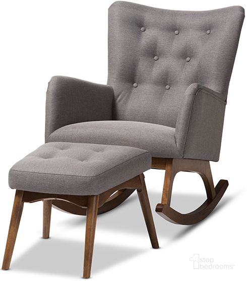 The appearance of Waldmann Mid-Century Modern Grey Fabric Upholstered Rocking Chair And Ottoman Set designed by Baxton Studio in the transitional interior design. This grey piece of furniture  was selected by 1StopBedrooms from Waldmann Collection to add a touch of cosiness and style into your home. Sku: BBT5303-Grey-RC-Otto-Set. Product Type: Living Room Chair. Material: Rubberwood. Image1