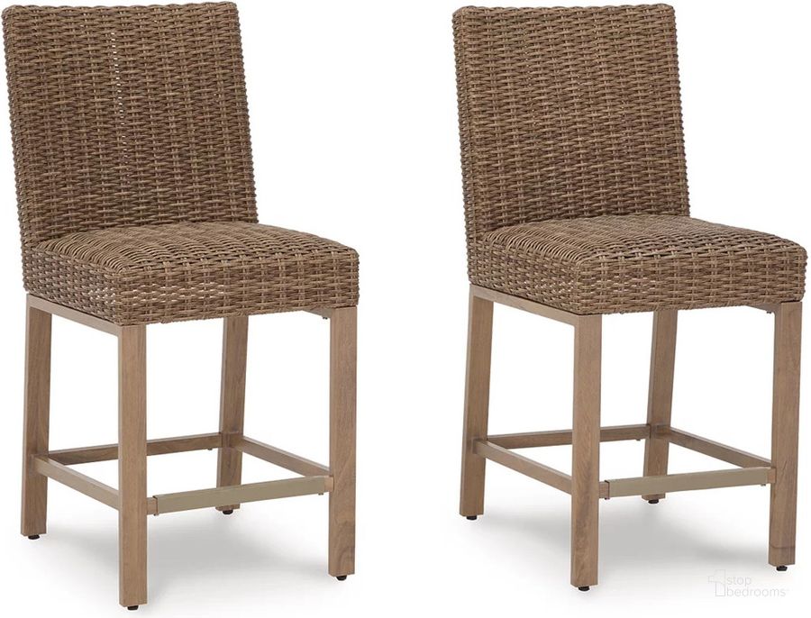 The appearance of Walton Bridge Driftwood Outdoor Bar Stool Set of 2 designed by Signature Design by Ashley in the transitional interior design. This driftwood piece of furniture  was selected by 1StopBedrooms from Walton Collection to add a touch of cosiness and style into your home. Sku: P749-130. Material: Metal. Product Type: Outdoor Bar Furniture. Image1