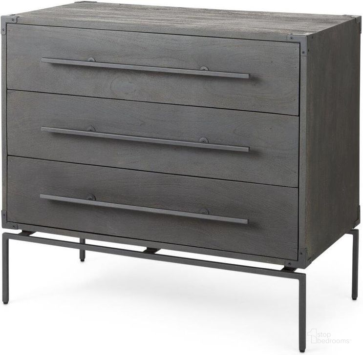 The appearance of Ward Brown Wood And Iron 3 Drawer Accent Cabinet designed by Mercana in the modern / contemporary interior design. This brown piece of furniture  was selected by 1StopBedrooms from Ward Collection to add a touch of cosiness and style into your home. Sku: 67826. Material: Wood. Product Type: Accent Cabinet. Image1