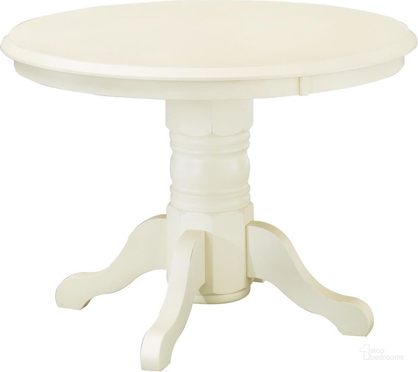 The appearance of Warwick Off White Dining Table designed by Homestyles in the traditional interior design. This off white piece of furniture  was selected by 1StopBedrooms from Warwick Collection to add a touch of cosiness and style into your home. Sku: 5177-301;5177-302. Table Base Style: Pedestal. Table Top Shape: Round. Material: Wood. Product Type: Dining Table. Size: 42". Image1
